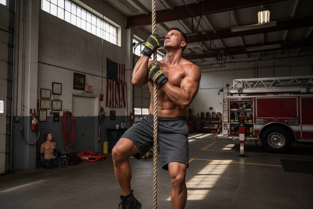 Pompier qui grimpe la corde